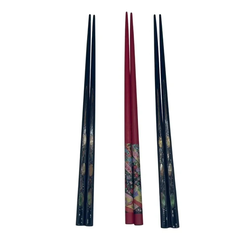 3 Sets Japanese Vintage Black Lacquer Abalone Inlay Chopsticks Mother Of Pearl